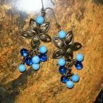 Bronze Flower Earrings With Blue Beads