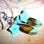 Gorgeous Flower Earrings Turquoise And Brown Czech..