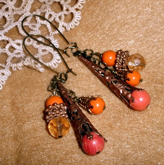 Beaded Dangle Earrings - Orange Elegance - Dramatic