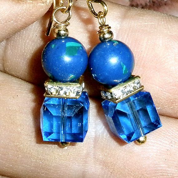 Swarovski Cube Earrings With Rhinestones And Lapis Lazuli
