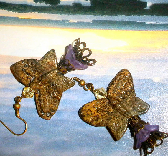 Stone Butterfly Earrings With Czech Crystalsand Purple Flower Beads