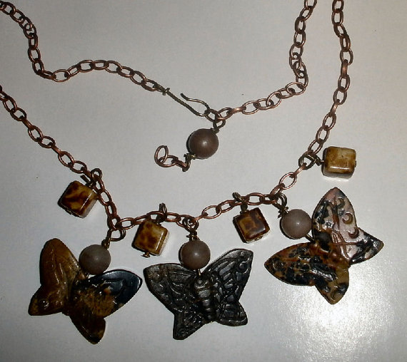 Stone Butterfly Necklace With Quartz Beads And Copper