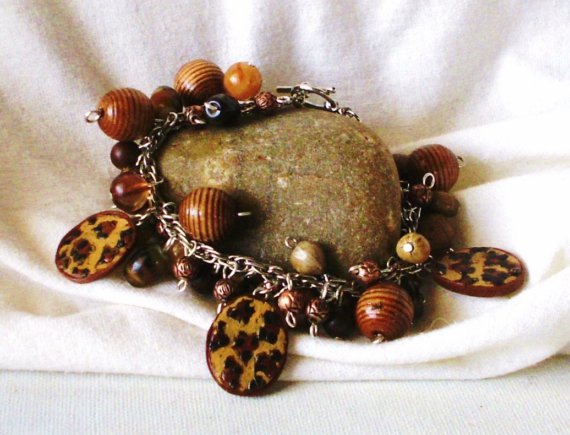 Leopard Charm Bracelet In Purrr-fect Leopard Wood And Vintage Beads