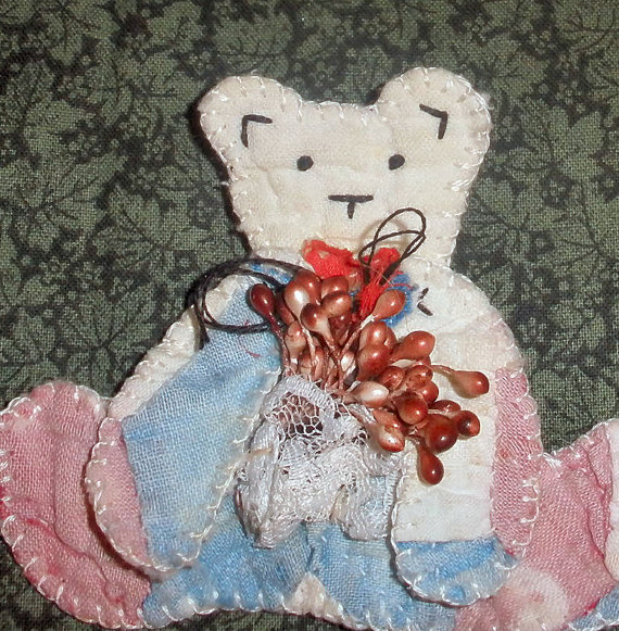Quilted Teddy Bear Pin Brooch Made From Vintage Quilt