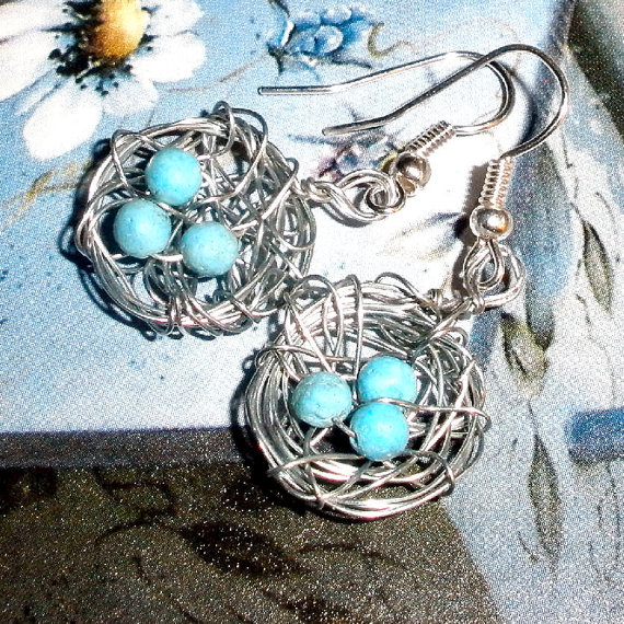 Birds Nest Earrings - Wire And Beads With Silver Plated Earwires