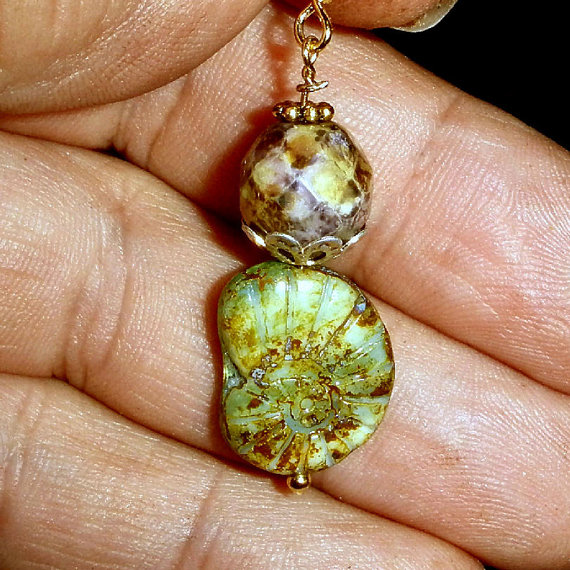 Gorgeous Green Earrings Czech Glass Fossil With Gold Plate