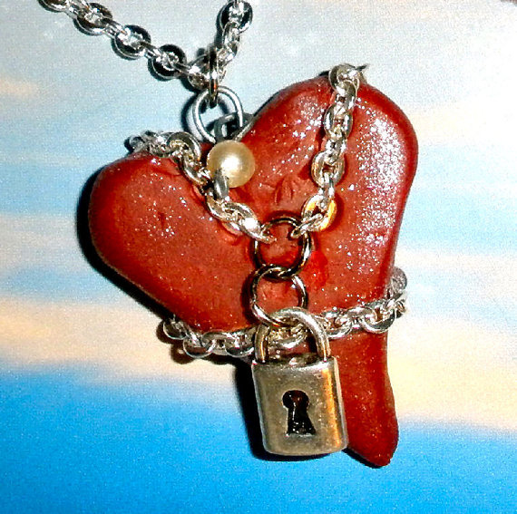 Chained Heart Necklace On Silver Plated Chain - Steampunk Goth Polymer Clay Heart Pendant