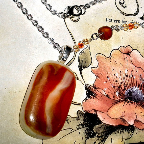 Fused Glass Necklace With Silver Plated Chain - Carnelian And Crystals