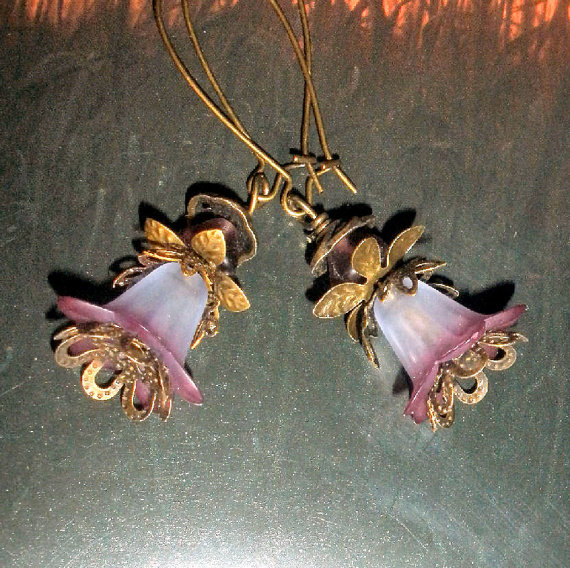 Flower Earrings With Bronze And Hand-dyed Flower Beads