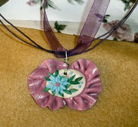 Ruffled Pendant Necklace Polymer Clay Flower Embroidery