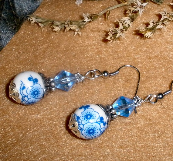 Porcelain Beaded Earrings Blue Flowers
