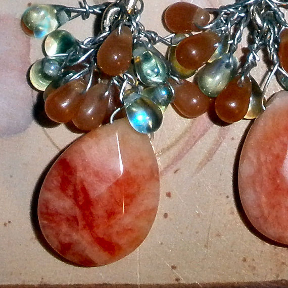 Jade Earrings - Gorgeous With Orange And Teal Glass Teardrops