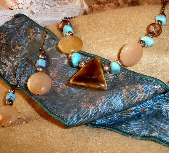 Beaded Necklace And Earrings - Bamboo Agate And Golden Jade With Turquoise