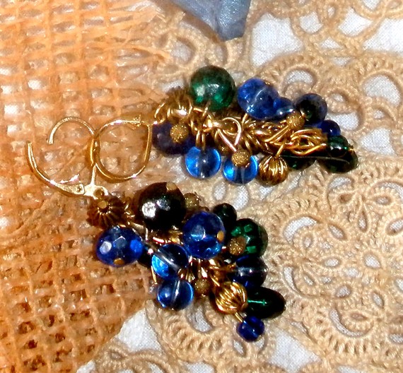 Beaded Cluster Earrings In Royal Blue, Green, And Gold