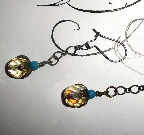 Long Dangle Earrings Amber And Turquoise Colors