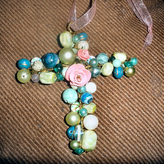 Beaded Cross Ornament Large Pendant Polymer Clay Roses Vintage Beads